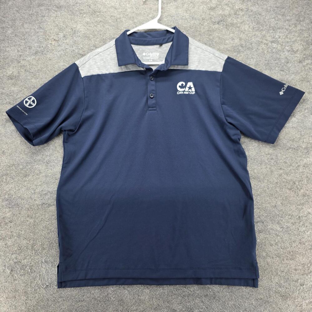 Columbia Polo Shirt Mens L Blue Colorblock Omni-Wick Golf Can Am Cup Logo